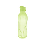 Reusable green plastic water bottle with flip cap, kitchen tool on white background