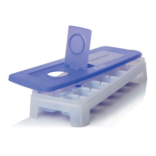Plastic ice cube tray with blue lid and flip-top opening for easy filling