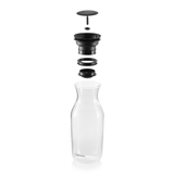 Clear kitchen carafe with black lid and spout parts shown in an exploded view