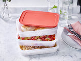 Stacked Tupperware Igloo containers with chicken, vegetable salad, and couscous.