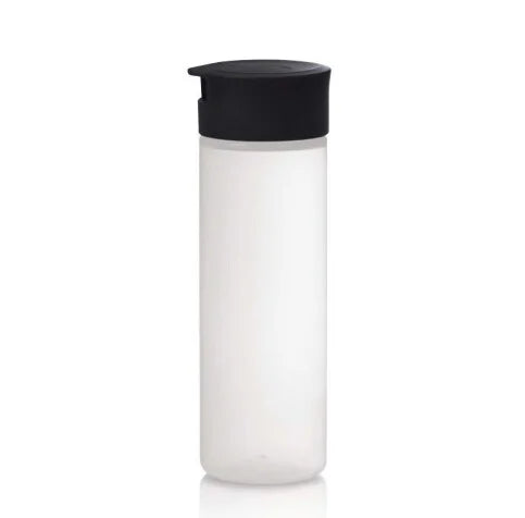 Tupperware squeeze bottle for dressings and sauces with a black cap and translucent body