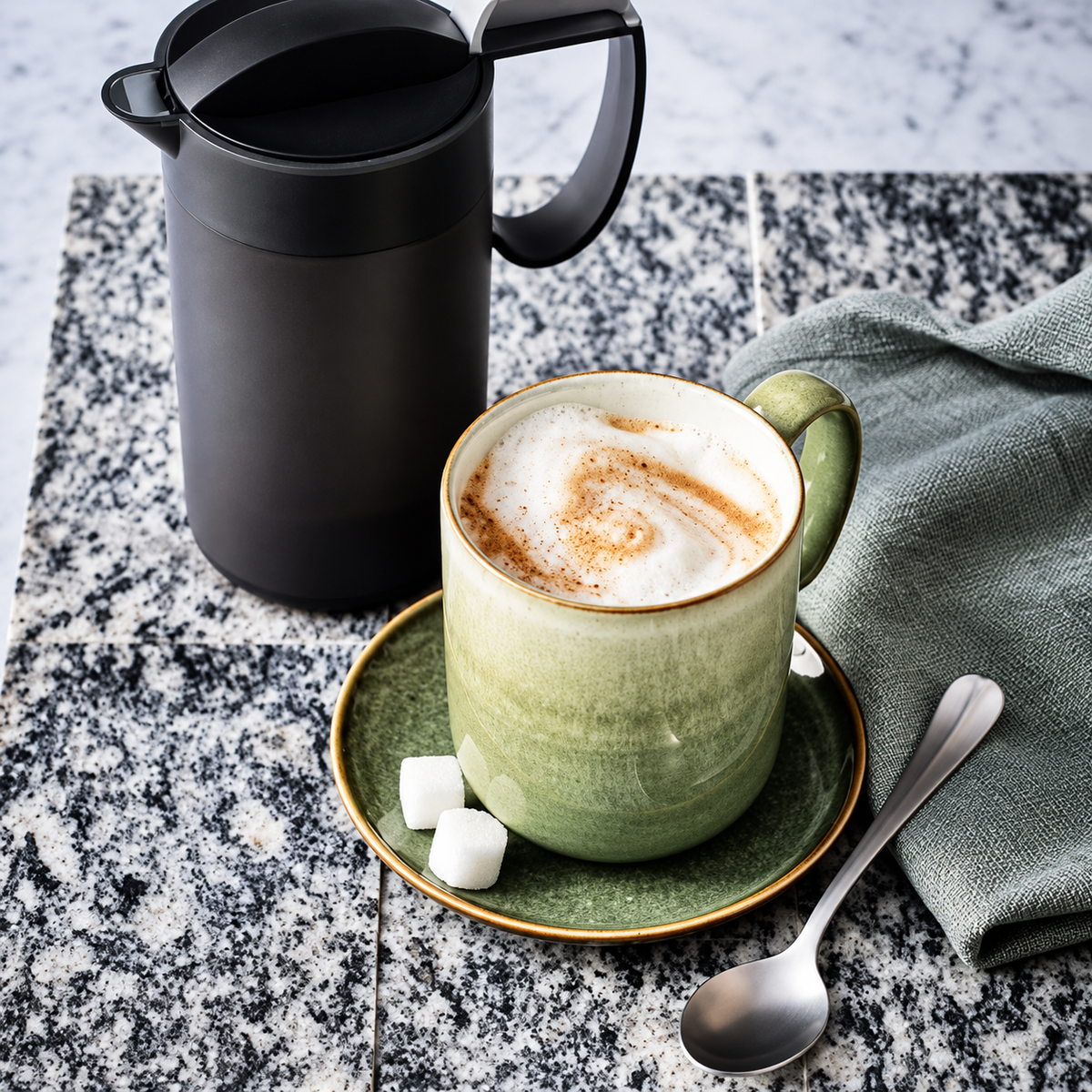 Groene mok met cappuccino, zwarte melkopschuimer en suikerklontjes op een granieten blad.
