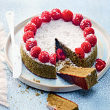 Delicious sponge cake topped with fresh raspberries and powdered sugar on a white plate.