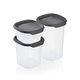 Set of two transparent Tupperware One Touch Fresh square food storage containers with grey lids.
