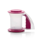 Tupperware powder sifter with a clear container and pink lid and handle.