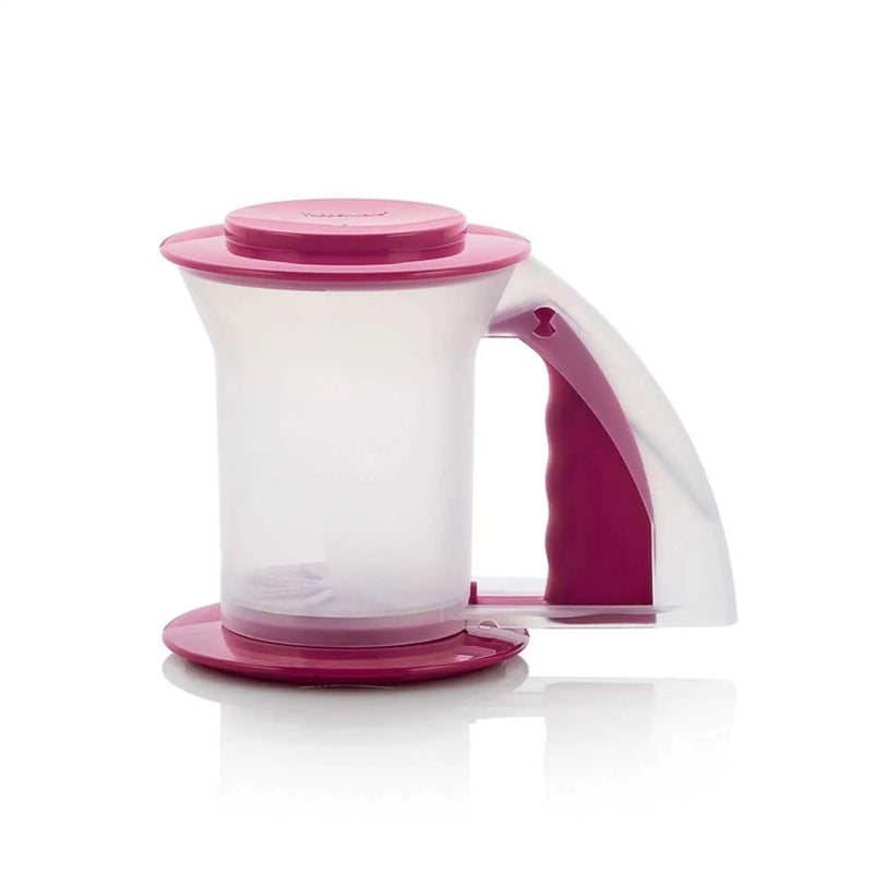 Tupperware powder sifter with a clear container and pink lid and handle.