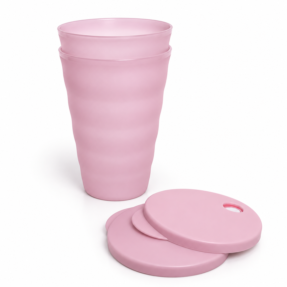 Set of two pink Tupperware straw cups with matching lids on a white background.