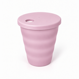 Pink Tupperware straw cup with lid, 330 ml, featuring a ribbed texture.