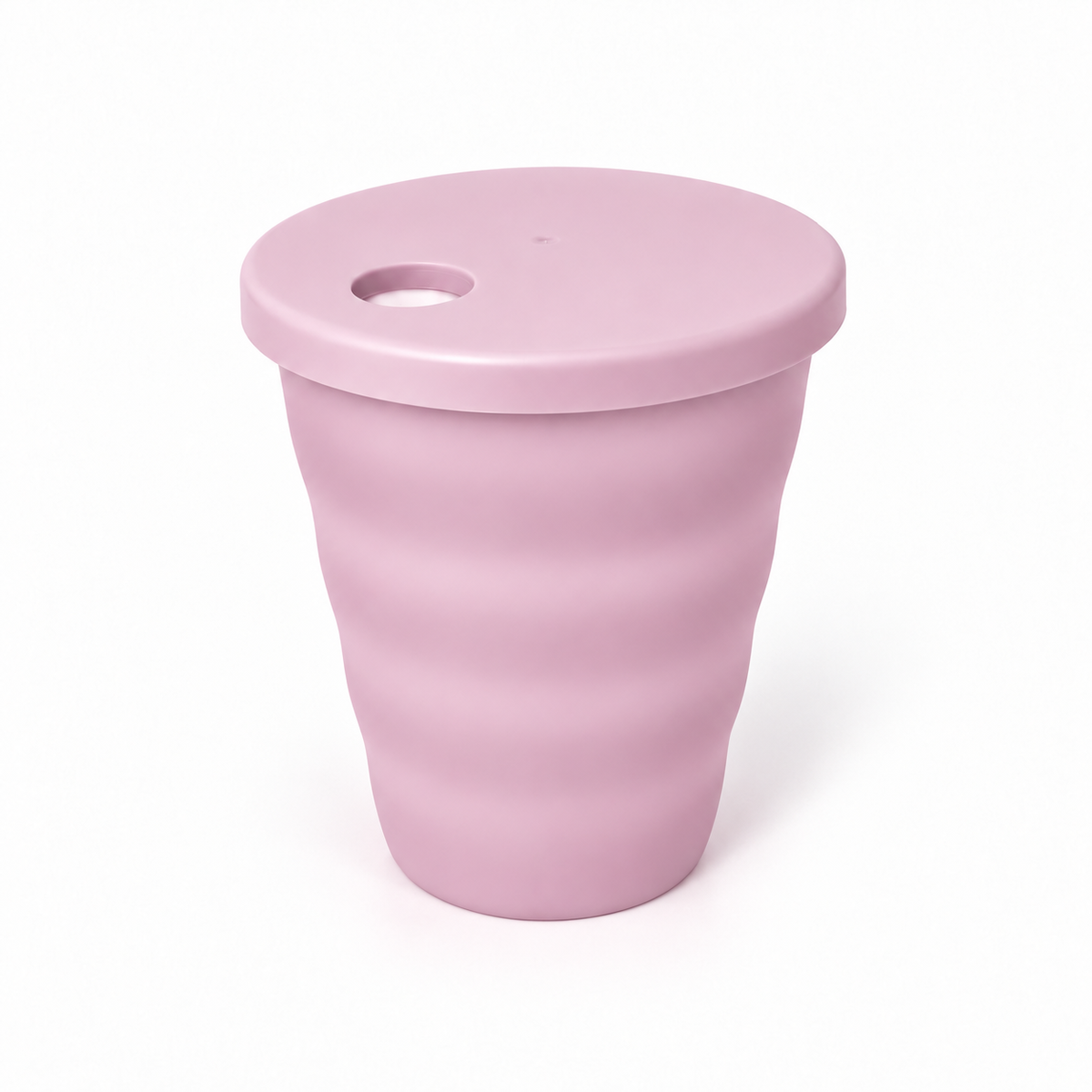 Pink Tupperware straw cup with lid, 330 ml, featuring a ribbed texture.