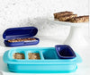 Tupperware Snack Party containers in blue and turquoise with granola bars.