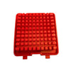 Red silicone kitchen mat with raised square bumps, non-slip heat-resistant surface.