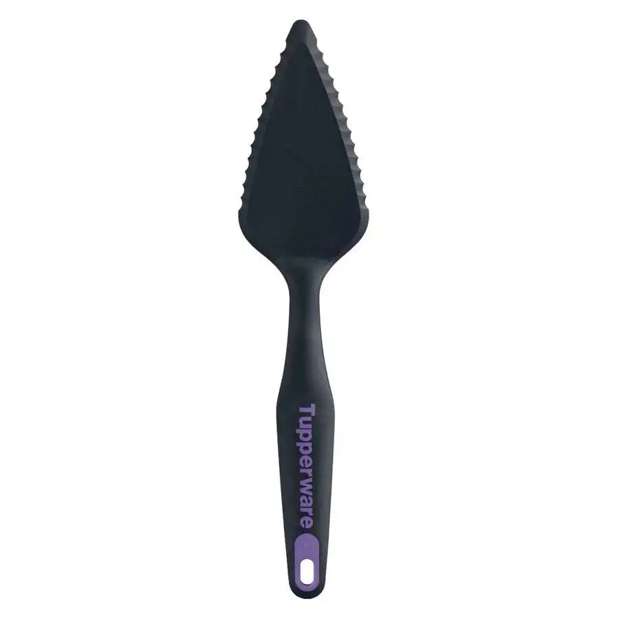 Black Tupperware cake server with a serrated edge and branded handle.