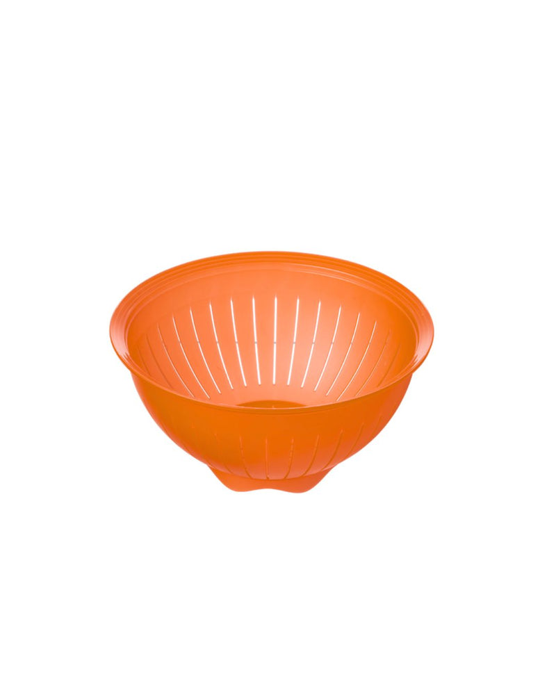 Orange plastic colander for kitchen straining and rinsing, isolated on white background