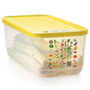 Tupperware VentSmart 6.1L clear plastic food storage container with yellow lid and vegetable guide