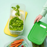 Tupperware VentSmart containers storing fresh fennel, lettuce, and carrots.