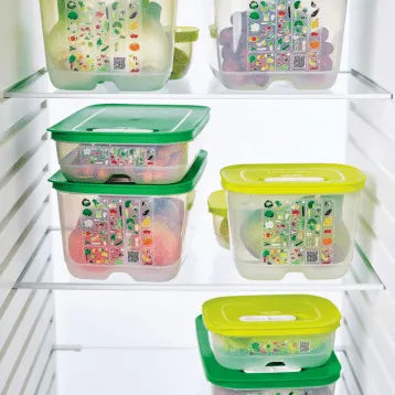 Set of Tupperware VentSmart 800 ml containers with colorful lids on a white shelf