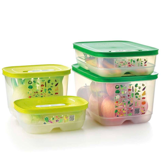 Set of transparent fridge storage containers with green lids for fruits and vegetables