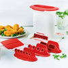 Red and white kitchen tool set with interchangeable slicing attachments on a countertop