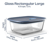 Tupperware Voilà large rectangular glass container, 1.5L, with blue lid and dimensions.