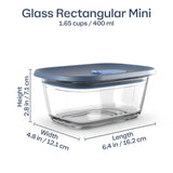 Glass rectangular mini food storage container with blue lid, 400ml, size labeled