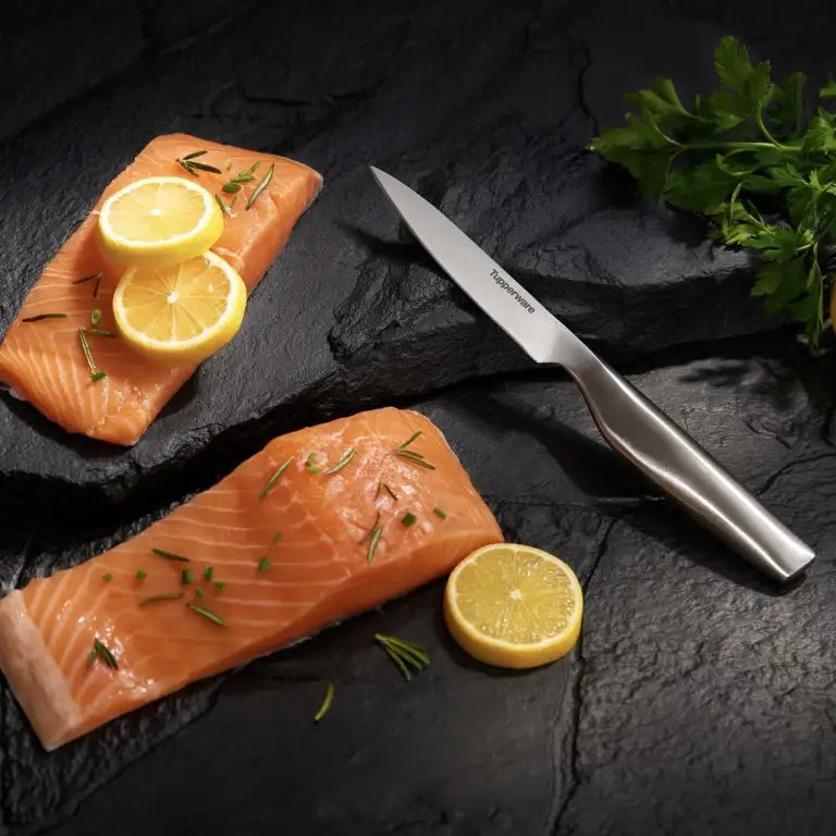 Zalmfilets met citroen en kruiden, geserveerd met een Tupperware keukenmes op een donkere steen.
