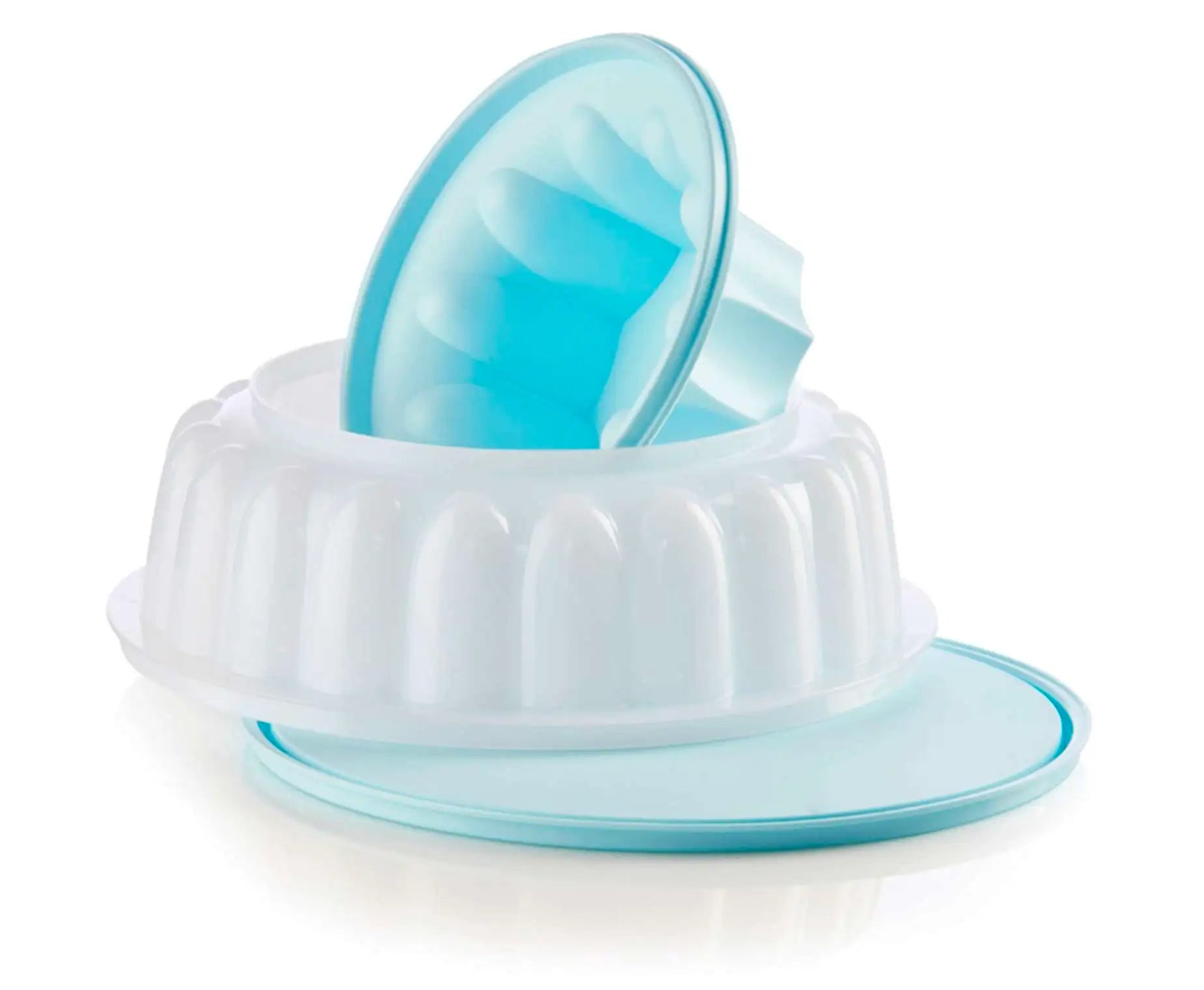 Blue and white plastic jelly mold with lid, ideal for desserts and baking