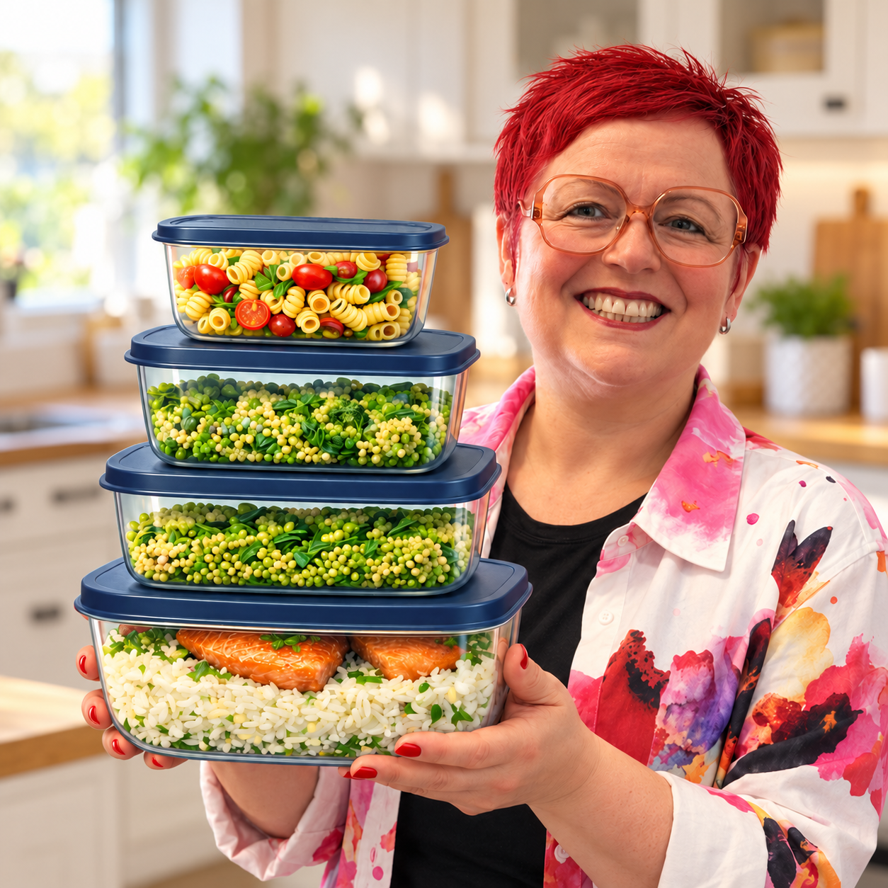 Ivonne in een lichte keuken met een stapel mealprep-bakjes met verse maaltijden